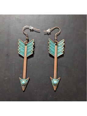 Copper Tone Turquoise Blue Burnished Arrow Dangle Drop Statement Earrings